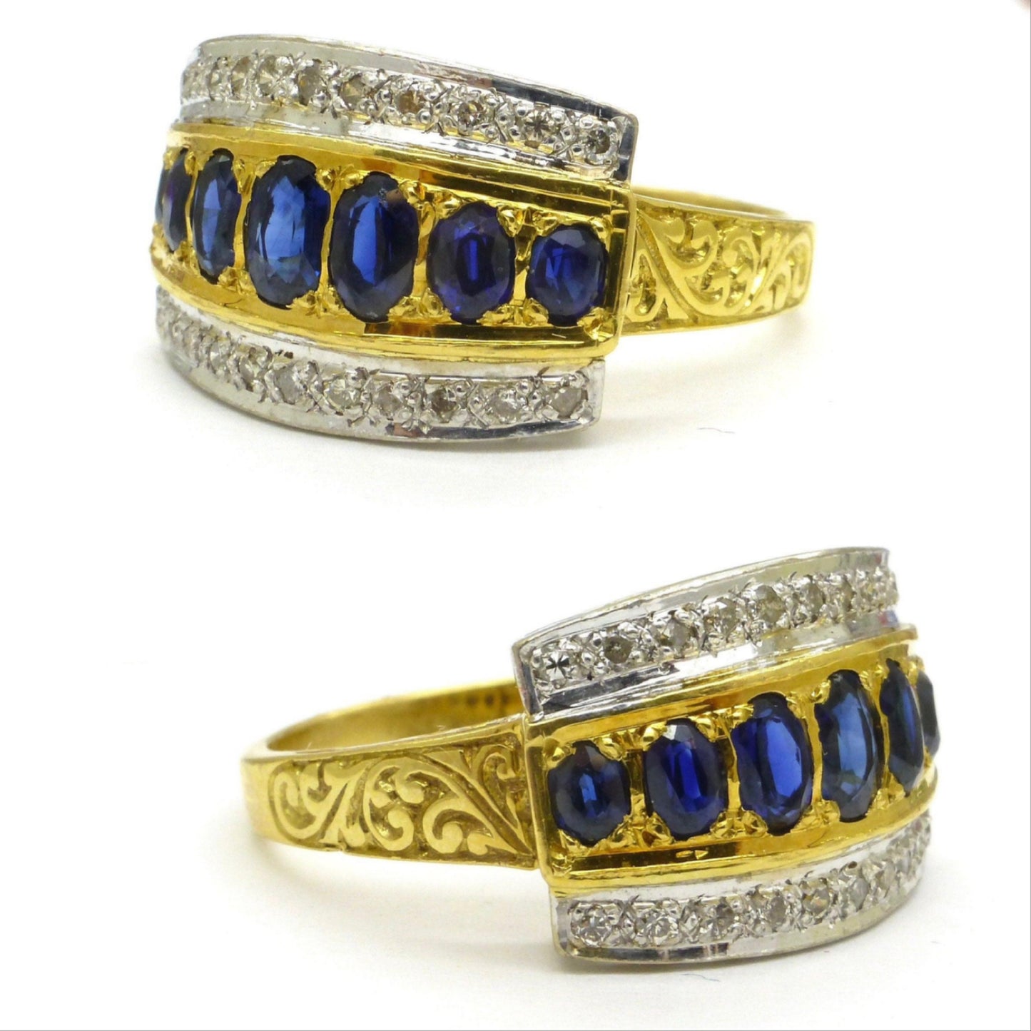Vintage 18ct gold oval sapphire and diamond triple band ring 1970's