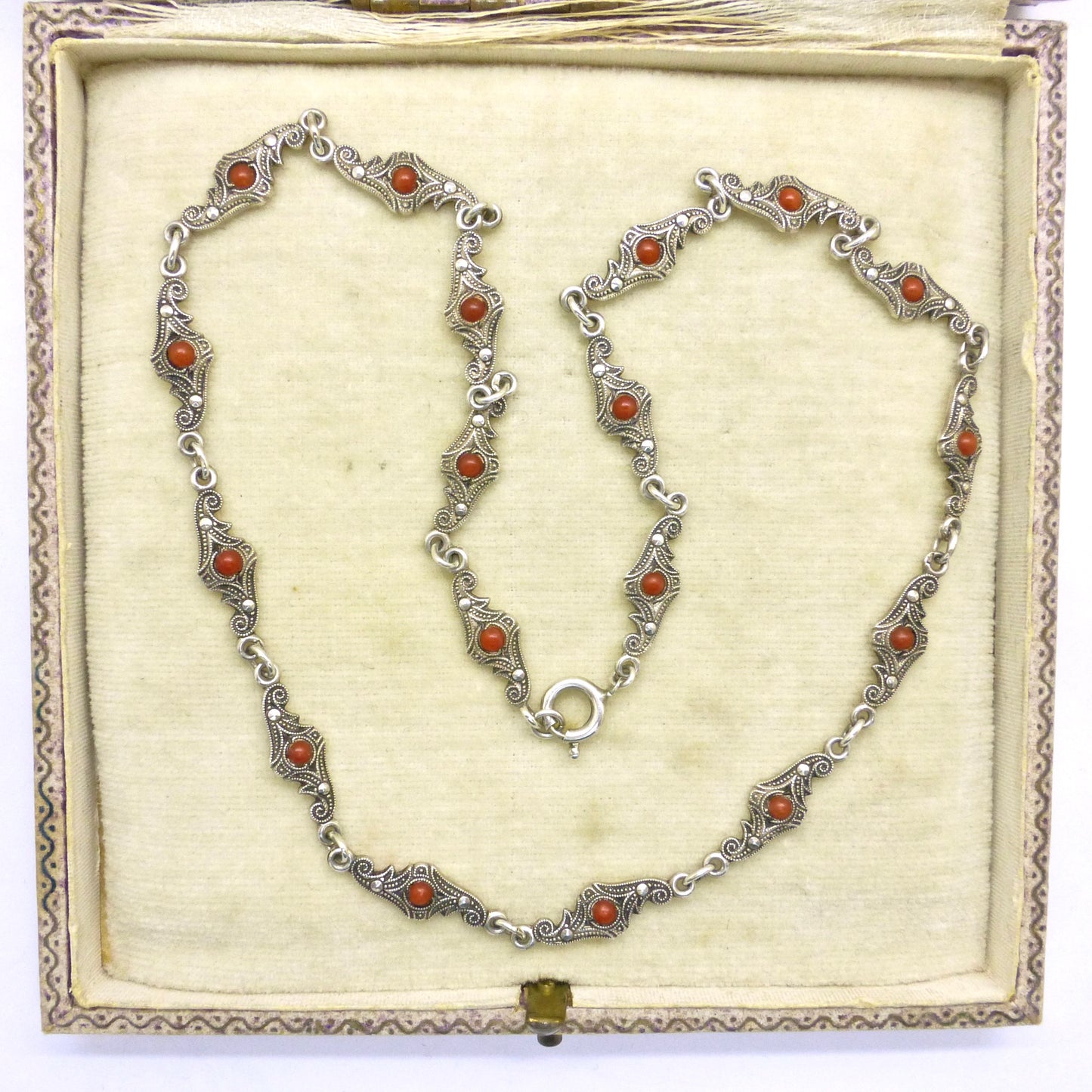 Antique Art Deco silver marcasite and coral necklace c1920's