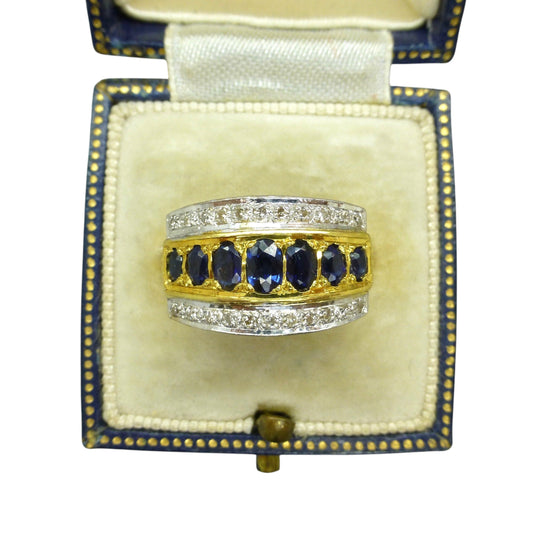 Vintage 18ct gold oval sapphire and diamond  triple band ring 1970's