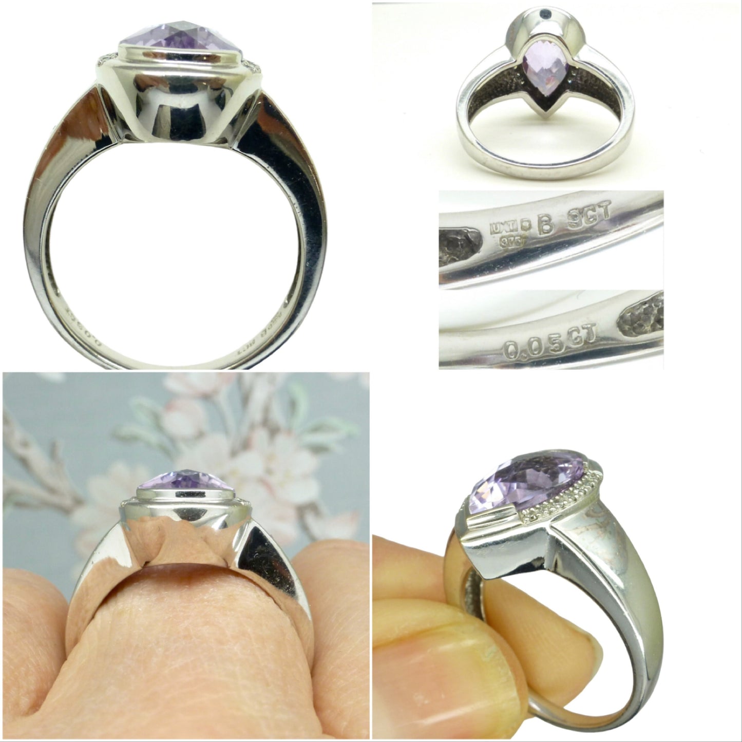 Vintage 9ct white gold faceted pear cut Amethyst 4.50ct & Diamond ring