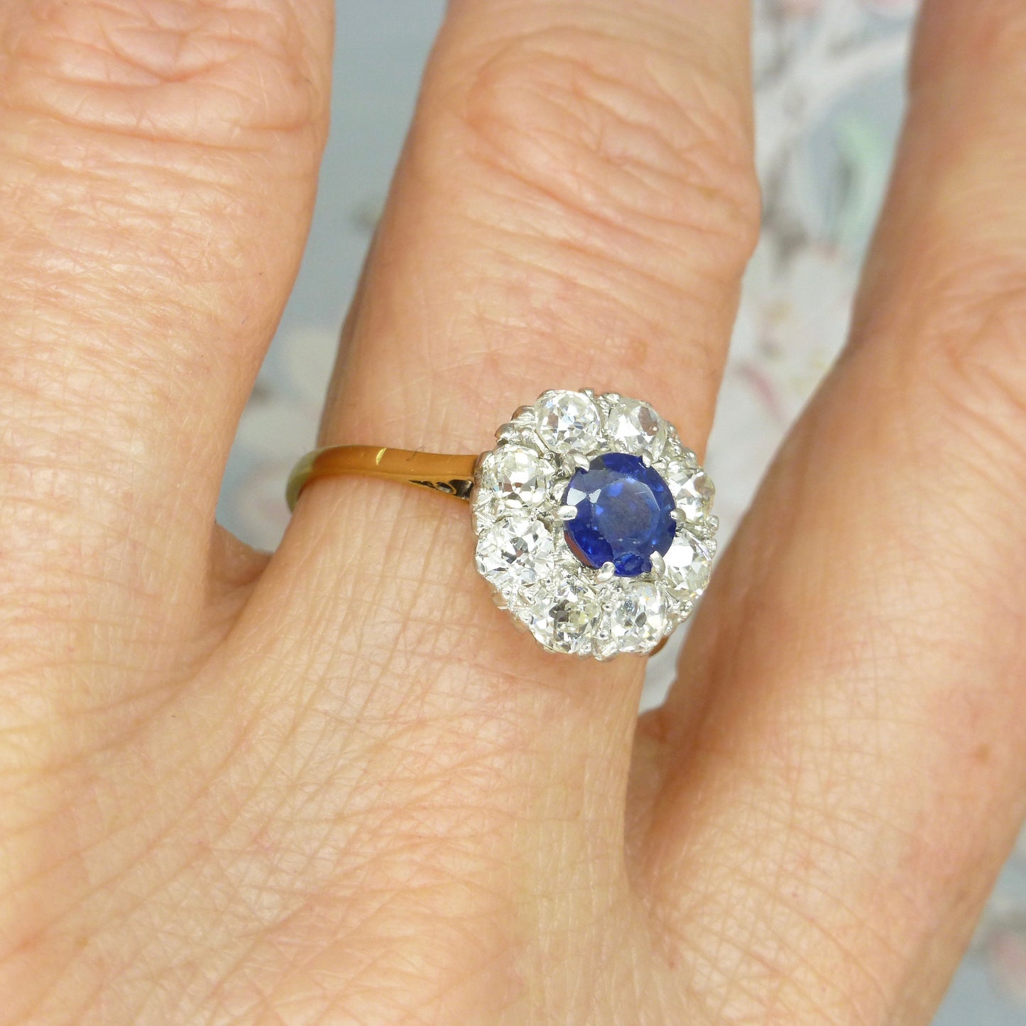 Antique 18ct Platinum sapphire & old mine cut diamond 0.80ct cluster ring 1910-1920s ~ With report