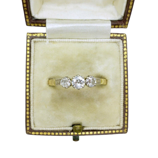 Vintage 18ct old cut diamond three stone trilogy ring 0.50ct ~ c1930's
