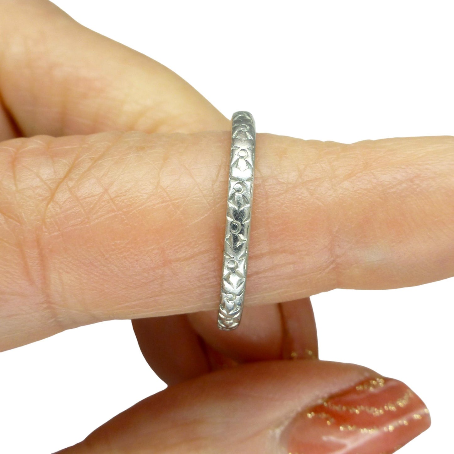 Antique Art Deco platinum orange blossom engraved wedding band 1920's ~ K 1/2