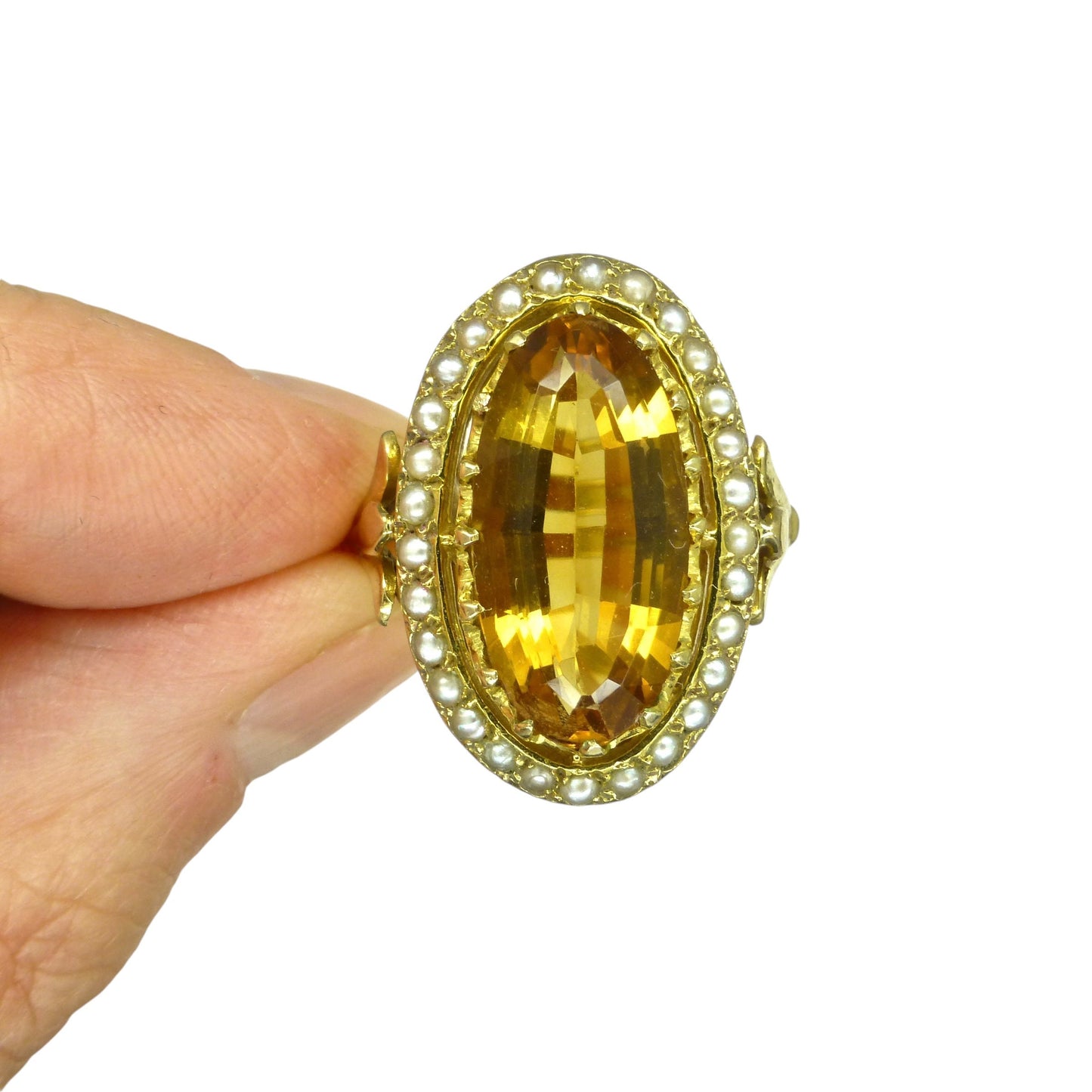 Vintage 9ct large golden citrine & pearl ring c1960's ~ Statement dress ring