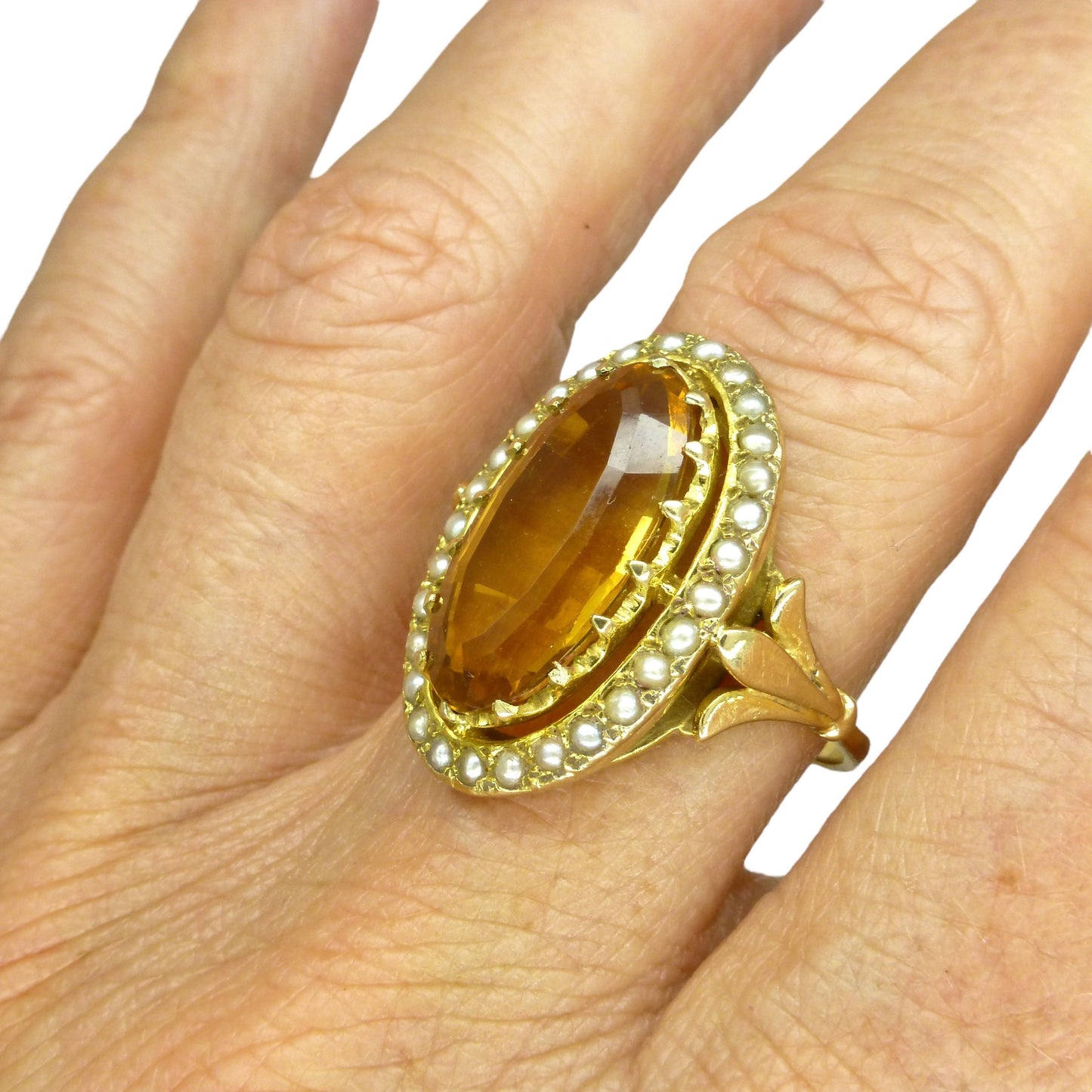 Vintage 9ct large golden citrine & pearl ring c1960's ~ Statement dress ring