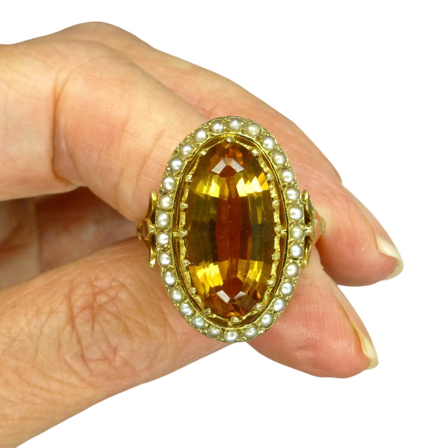 Vintage 9ct large golden citrine & pearl ring c1960's ~ Statement dress ring