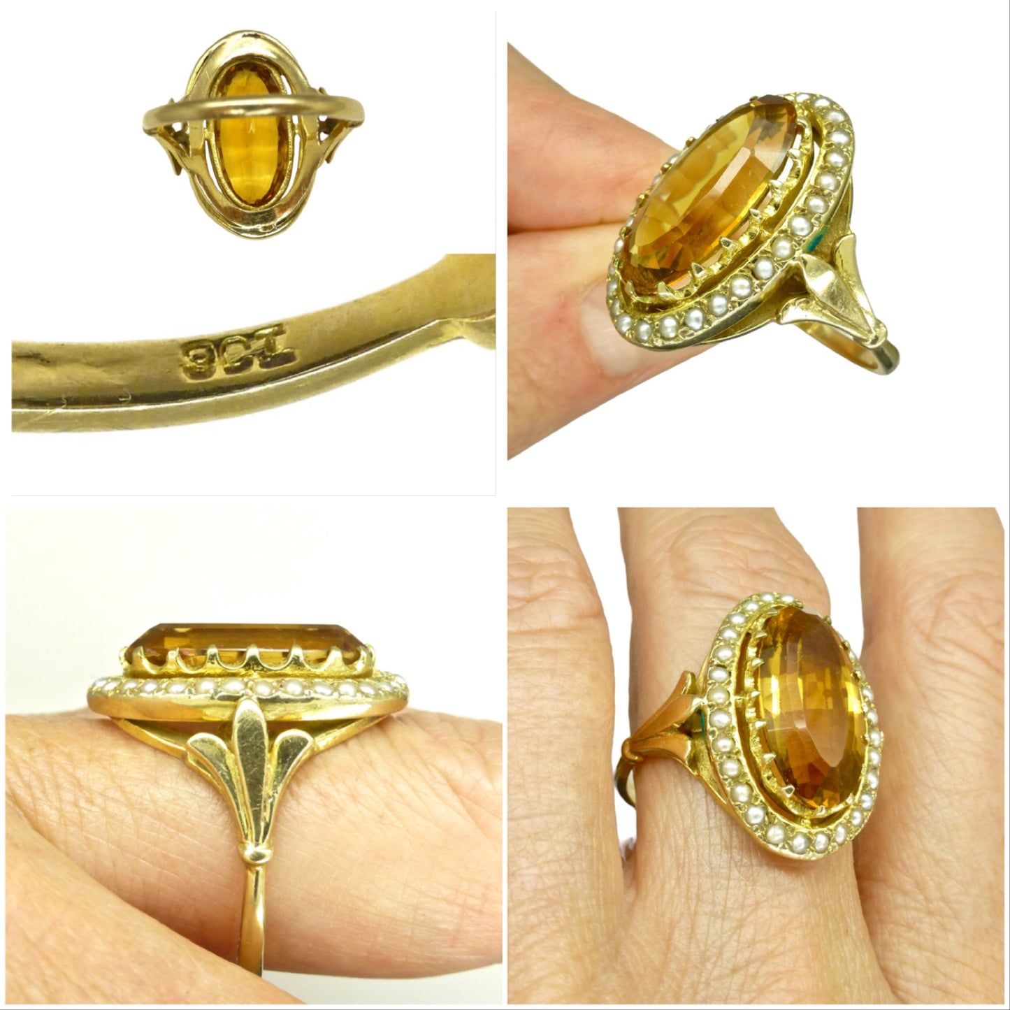 Vintage 9ct large golden citrine & pearl ring c1960's ~ Statement dress ring