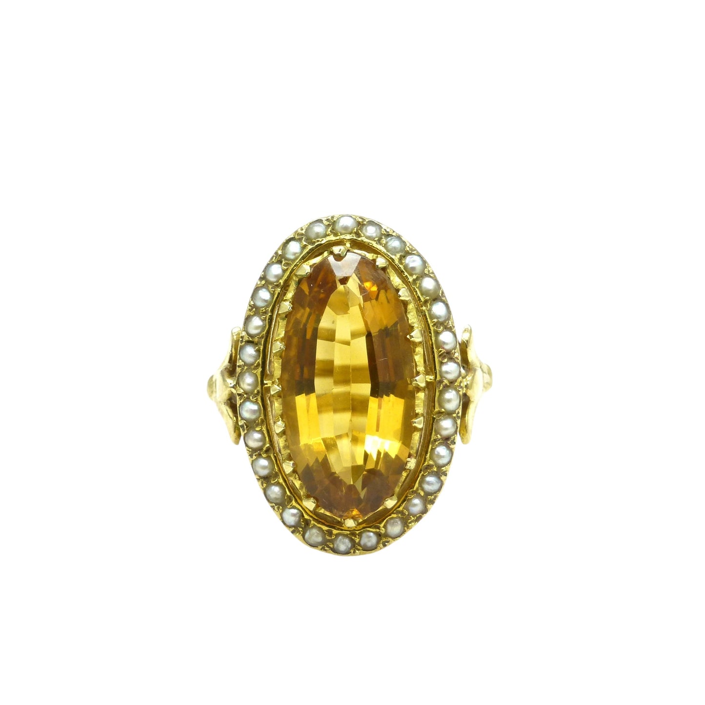 Vintage 9ct large golden citrine & pearl ring c1960's ~ Statement dress ring
