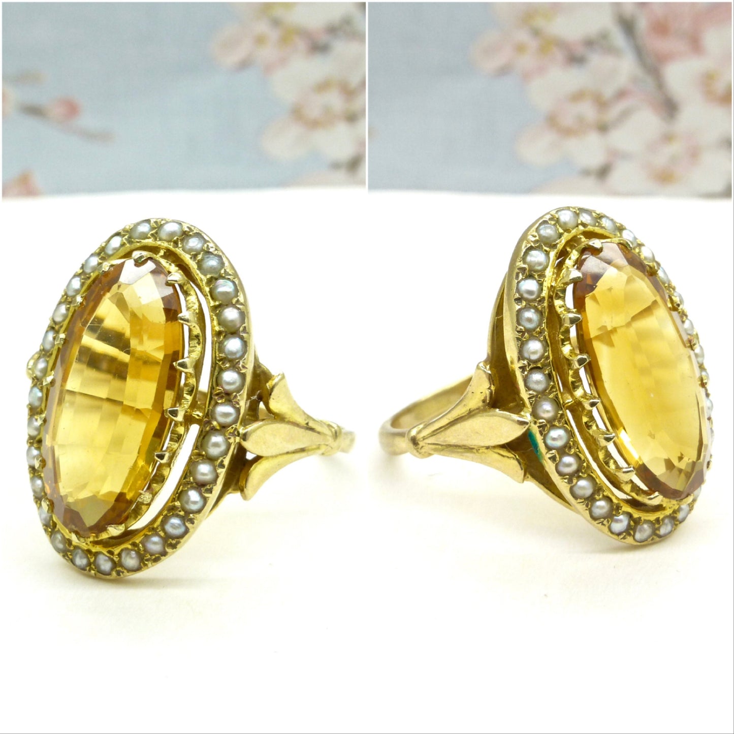 Vintage 9ct large golden citrine & pearl ring c1960's ~ Statement dress ring