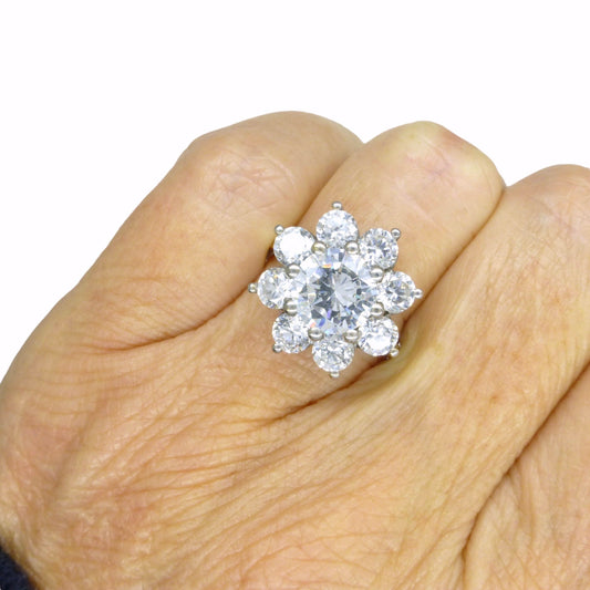 Vintage 9ct 'Faux diamond' halo cluster ring ~ Cubic Zirconia flower ring