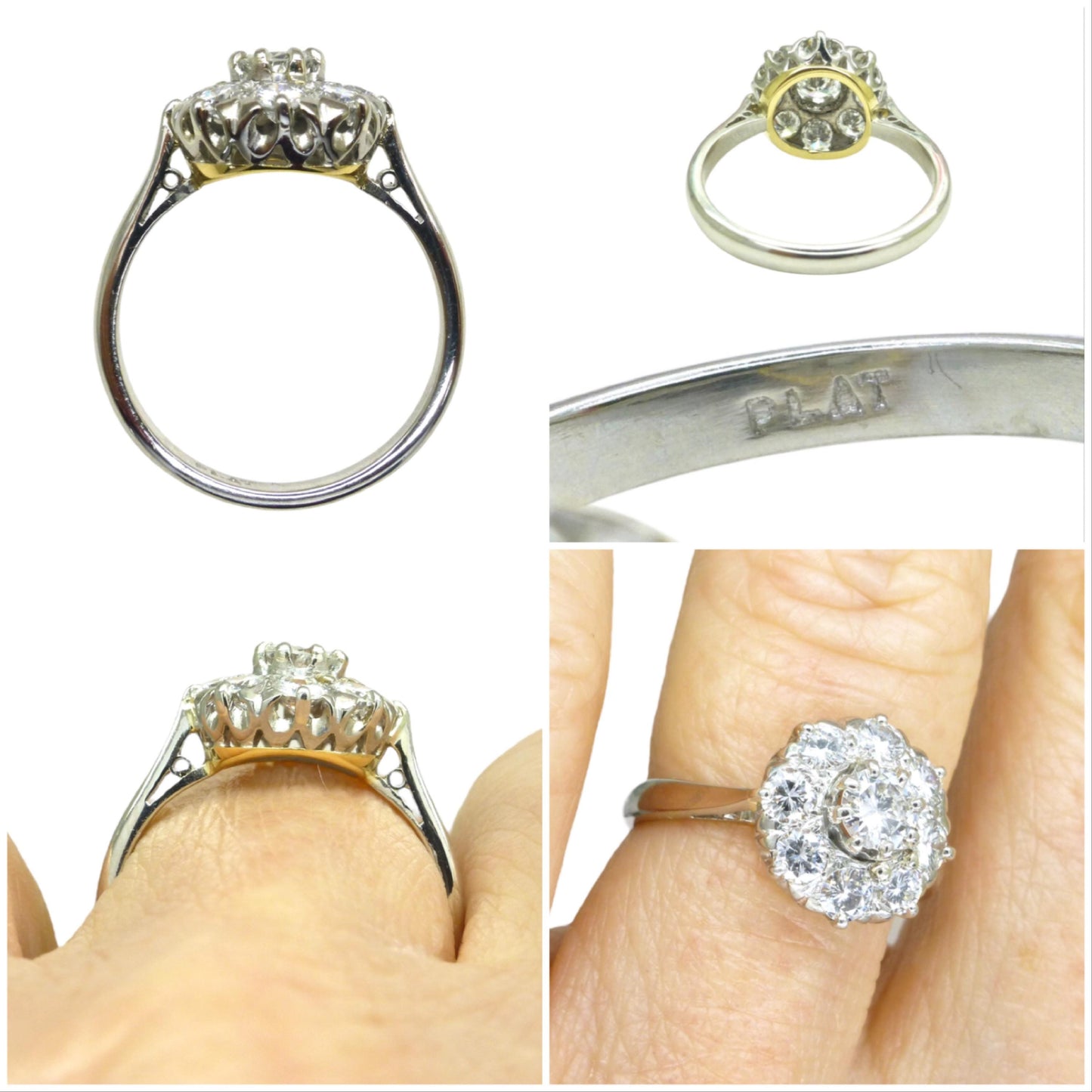 Vintage Platinum natural diamond cluster engagement ring 0.80 carat