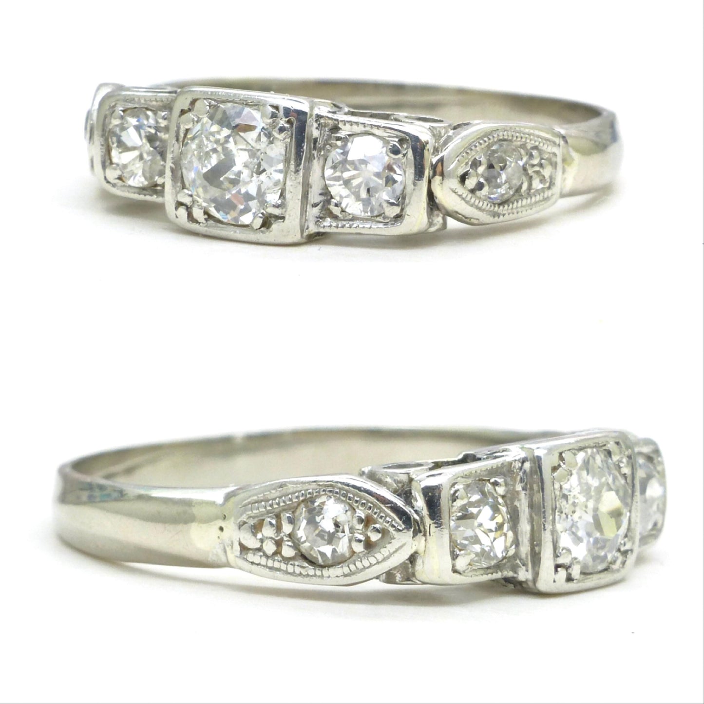 Vintage 18ct white gold old cut diamond three stone trilogy ring 0.50ct ~ c1930's
