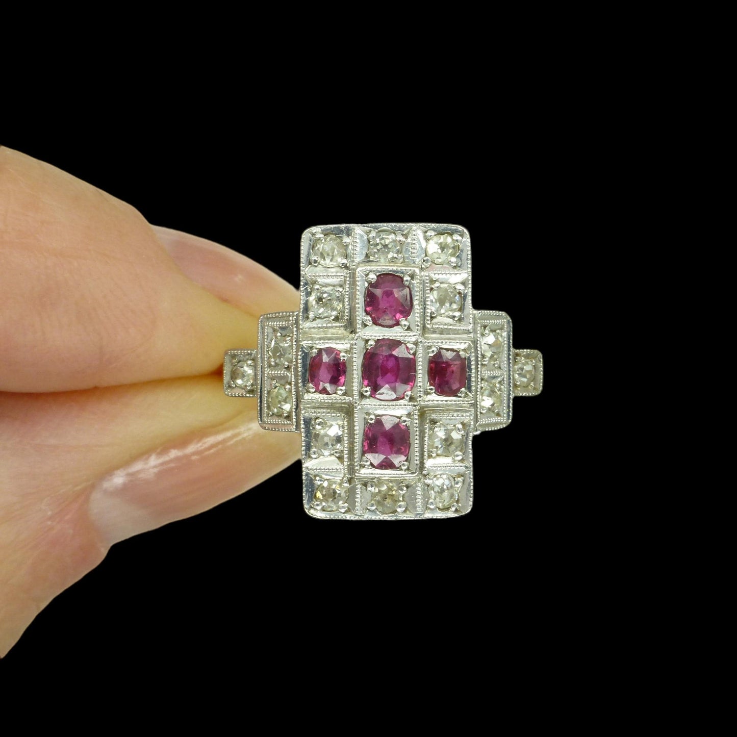 Antique Art Deco 18ct Platinum Ruby & natural diamond panel ring ~ Rectangle plaque ring