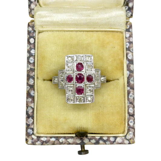 Antique Art Deco 18ct Platinum Ruby & natural diamond panel ring ~ Rectangle plaque ring