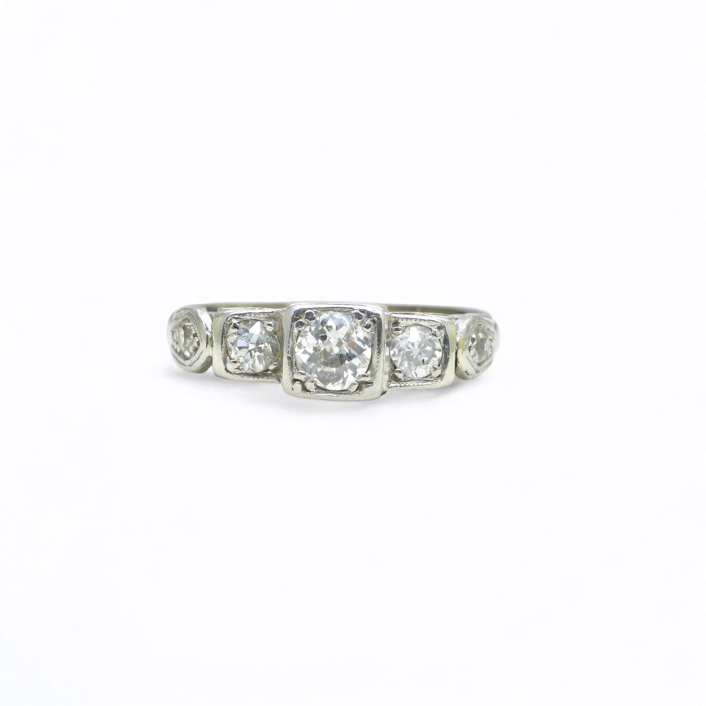 Vintage 18ct white gold old cut diamond three stone trilogy ring 0.50ct ~ c1930's