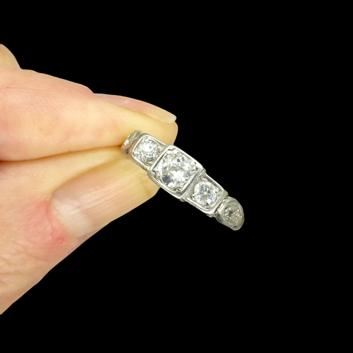 Vintage 18ct white gold old cut diamond three stone trilogy ring 0.50ct ~ c1930's