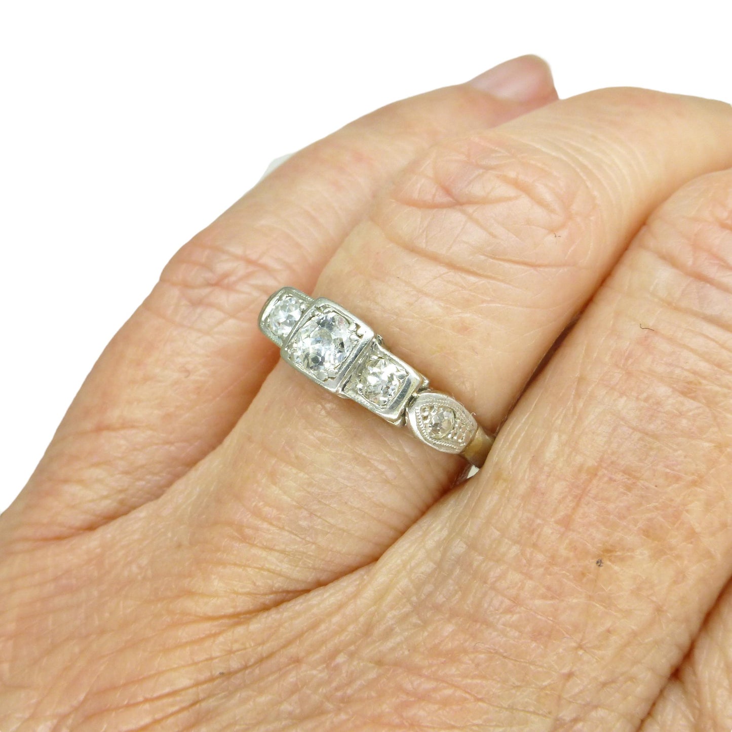 Vintage 18ct white gold old cut diamond three stone trilogy ring 0.50ct ~ c1930's