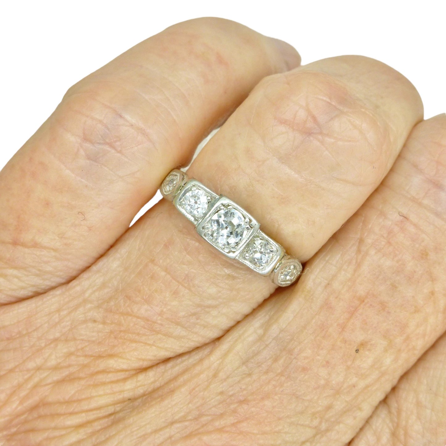 Vintage 18ct white gold old cut diamond three stone trilogy ring 0.50ct ~ c1930's