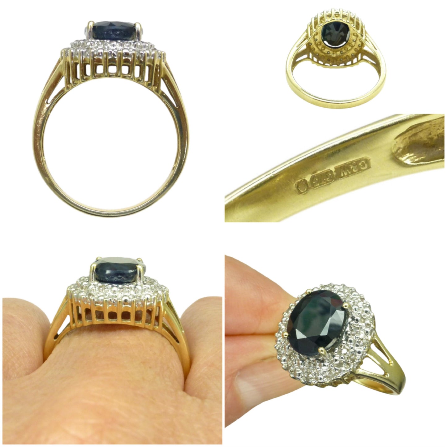 Vintage 9ct gold 3.15ct sapphire and diamond oval cluster ring ~ Princess of Wales ring 1990's