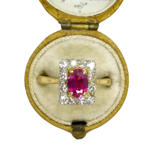 Vintage verneuil ruby & diamond cluster ring ~ 18ct Platinum