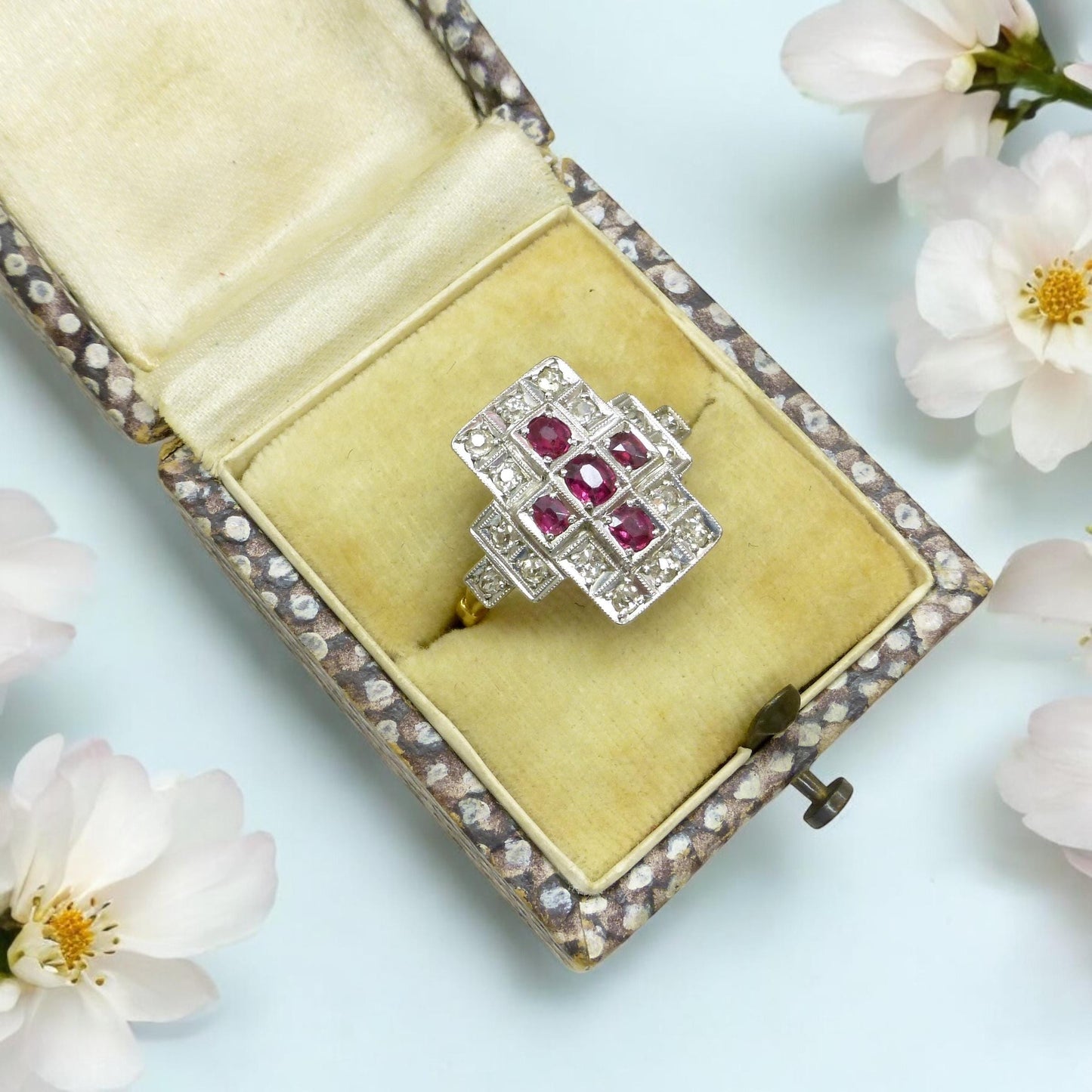 Antique Art Deco 18ct Platinum Ruby & natural diamond panel ring ~ Rectangle plaque ring