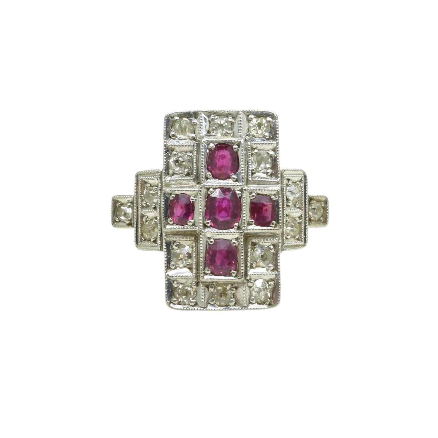 Antique Art Deco 18ct Platinum Ruby & natural diamond panel ring ~ Rectangle plaque ring