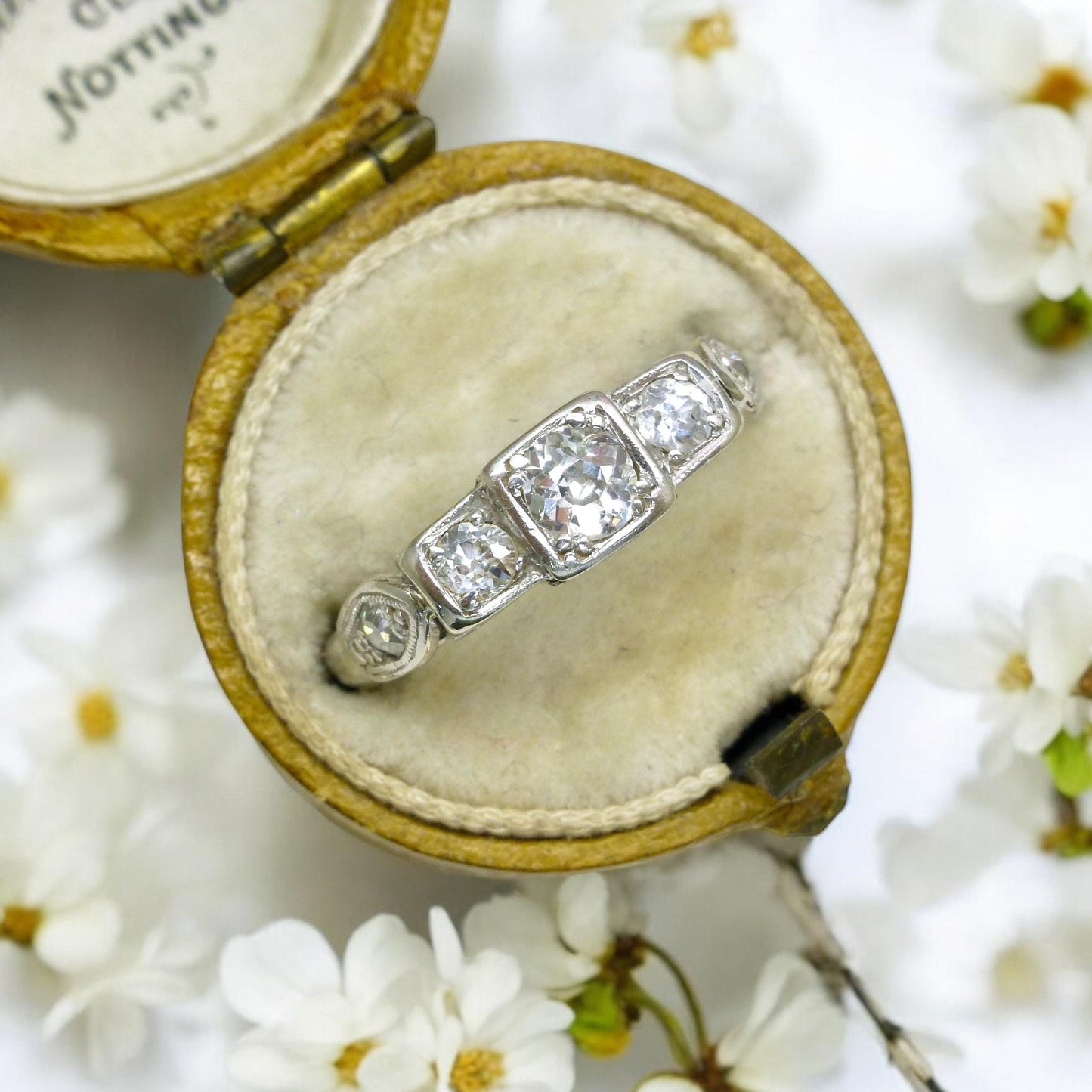 Vintage 18ct white gold old cut diamond three stone trilogy ring 0.50ct ~ c1930's