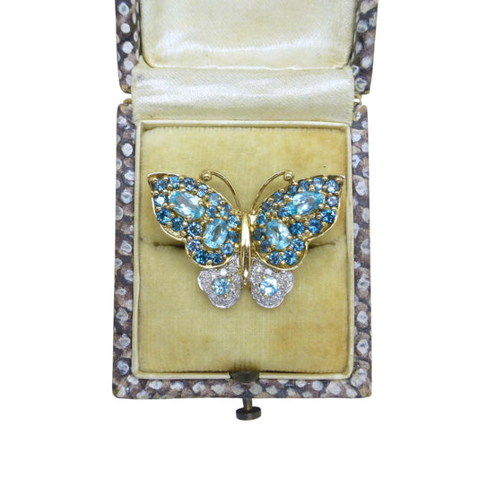 Vintage 9ct gold diamond, blue topaz & blue tourmaline butterfly pendant