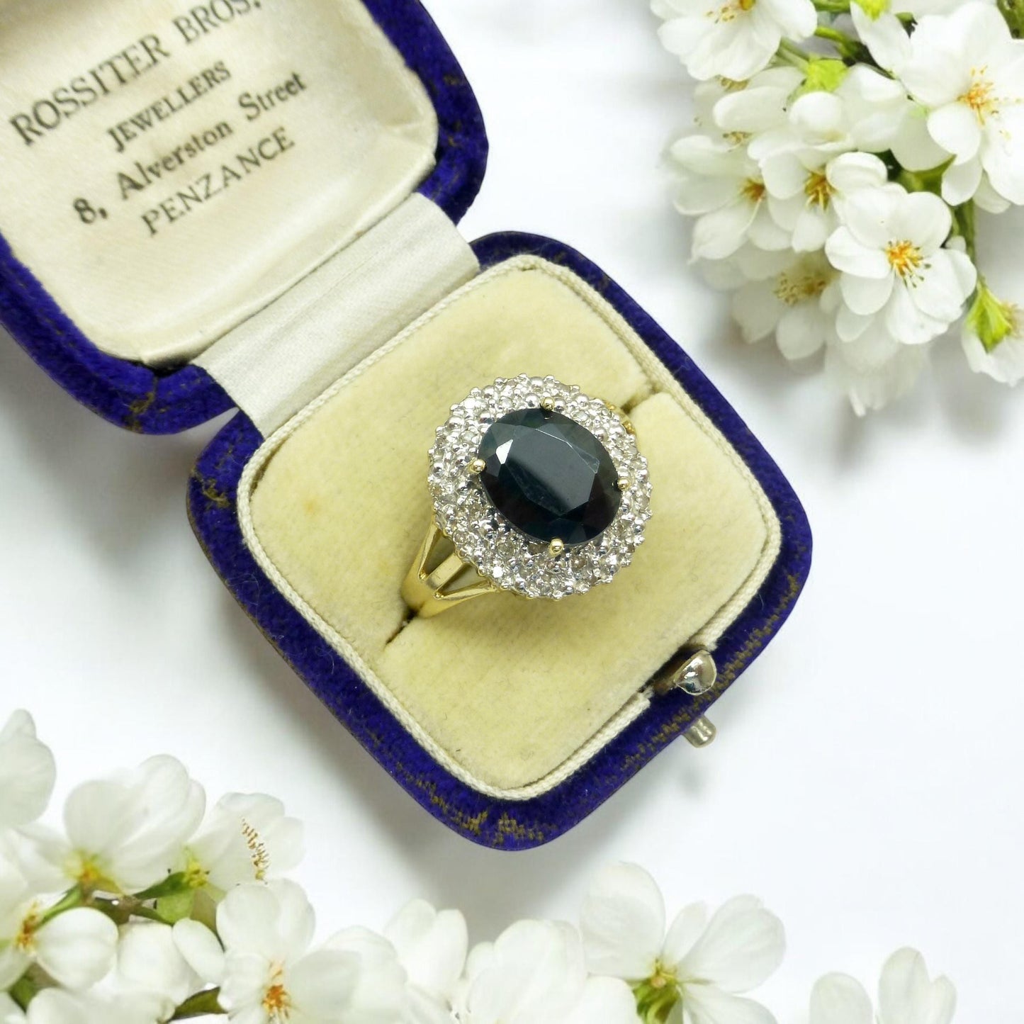 Vintage 9ct gold 3.15ct sapphire and diamond oval cluster ring ~ Princess of Wales ring 1990's