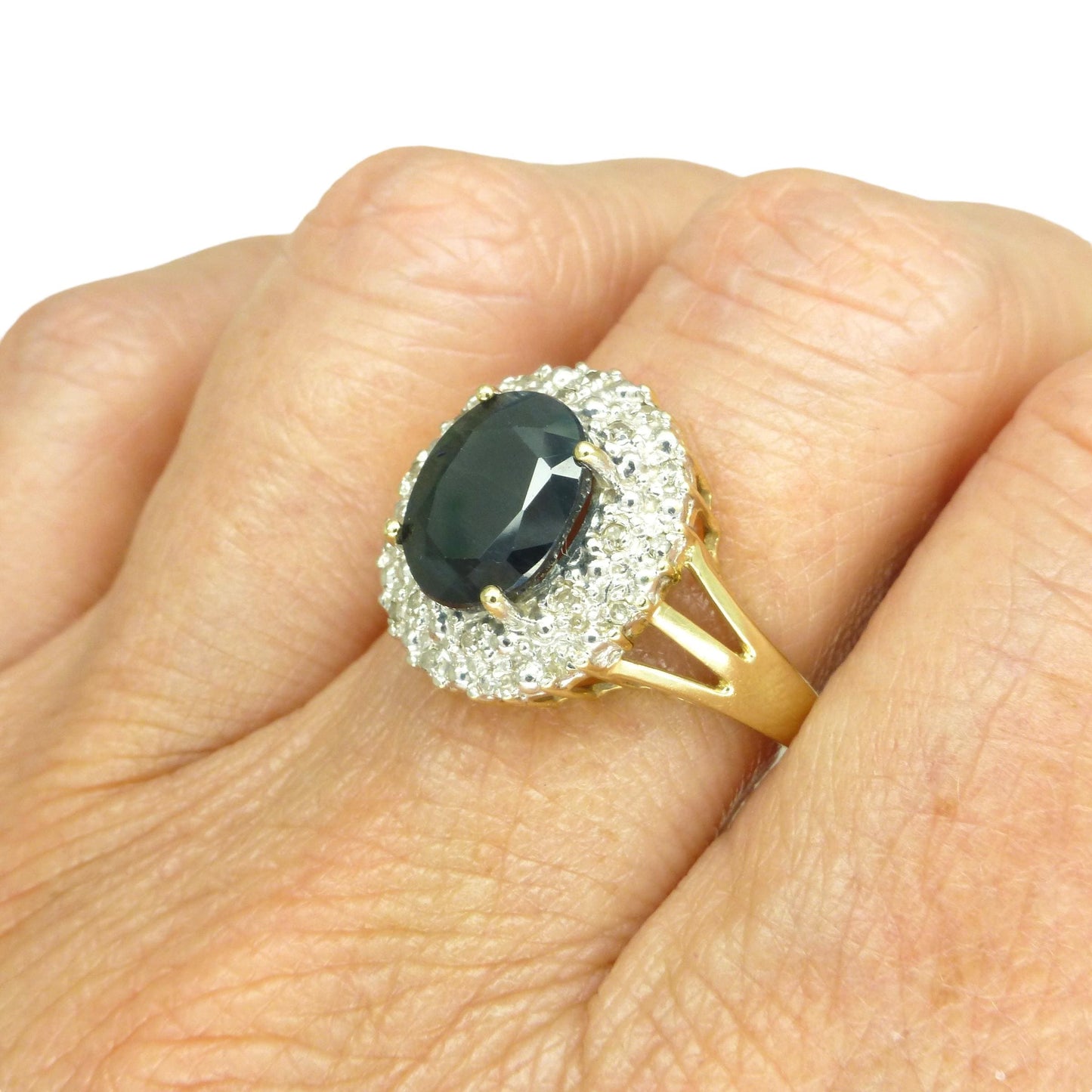 Vintage 9ct gold 3.15ct sapphire and diamond oval cluster ring ~ Princess of Wales ring 1990's