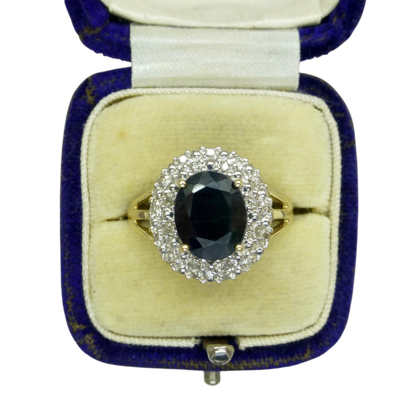 Vintage 9ct gold 3.15ct sapphire and diamond oval cluster ring ~ Princess of Wales ring 1990's