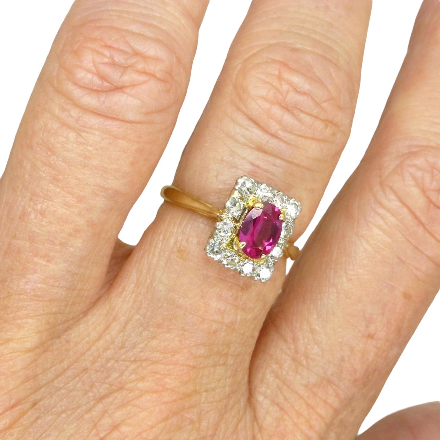 Vintage verneuil ruby & diamond cluster ring ~ 18ct Platinum