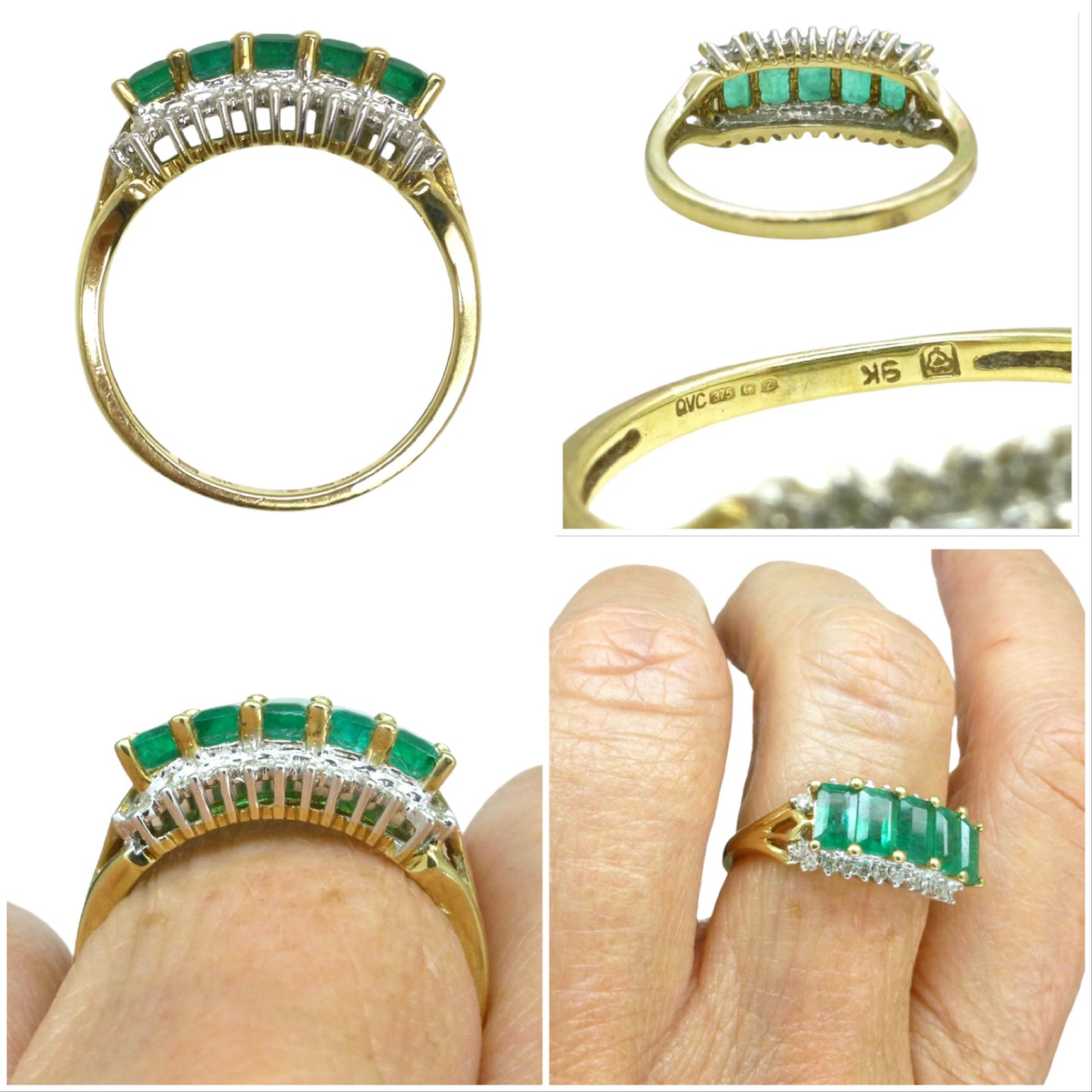 Vintage 9ct gold Emerald & Diamond five stone ring