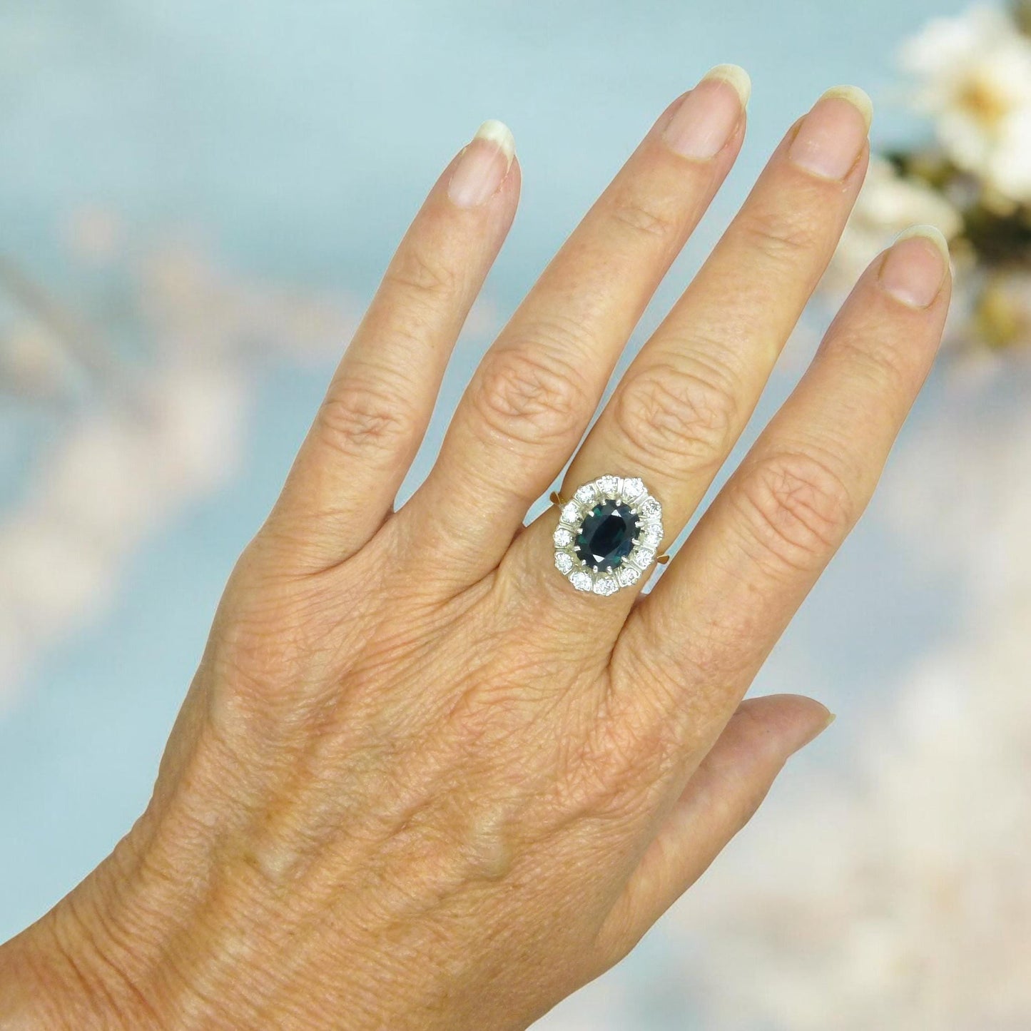 Vintage 18ct sapphire & diamond oval cluster ring - Iconic Princess of Wales ring