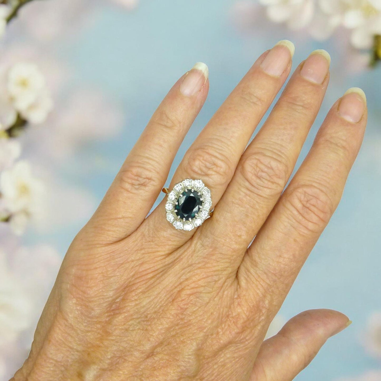 Vintage 18ct sapphire & diamond oval cluster ring - Iconic Princess of Wales ring
