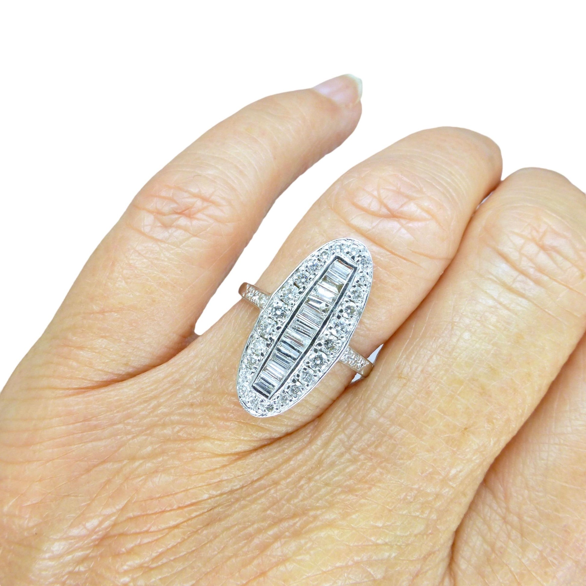 Vintage 18ct white gold Diamond cluster panel ring 1.00ct ~ Marquise plaque ring