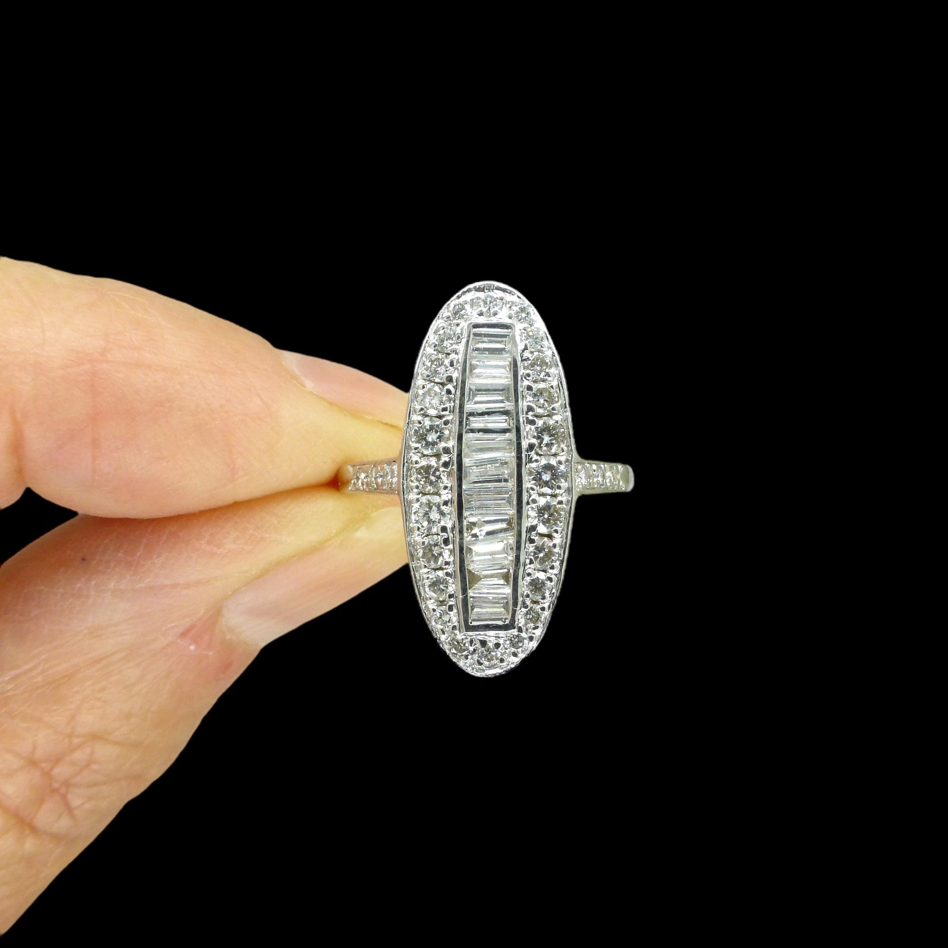 Vintage 18ct white gold Diamond cluster panel ring 1.00ct ~ Marquise plaque ring