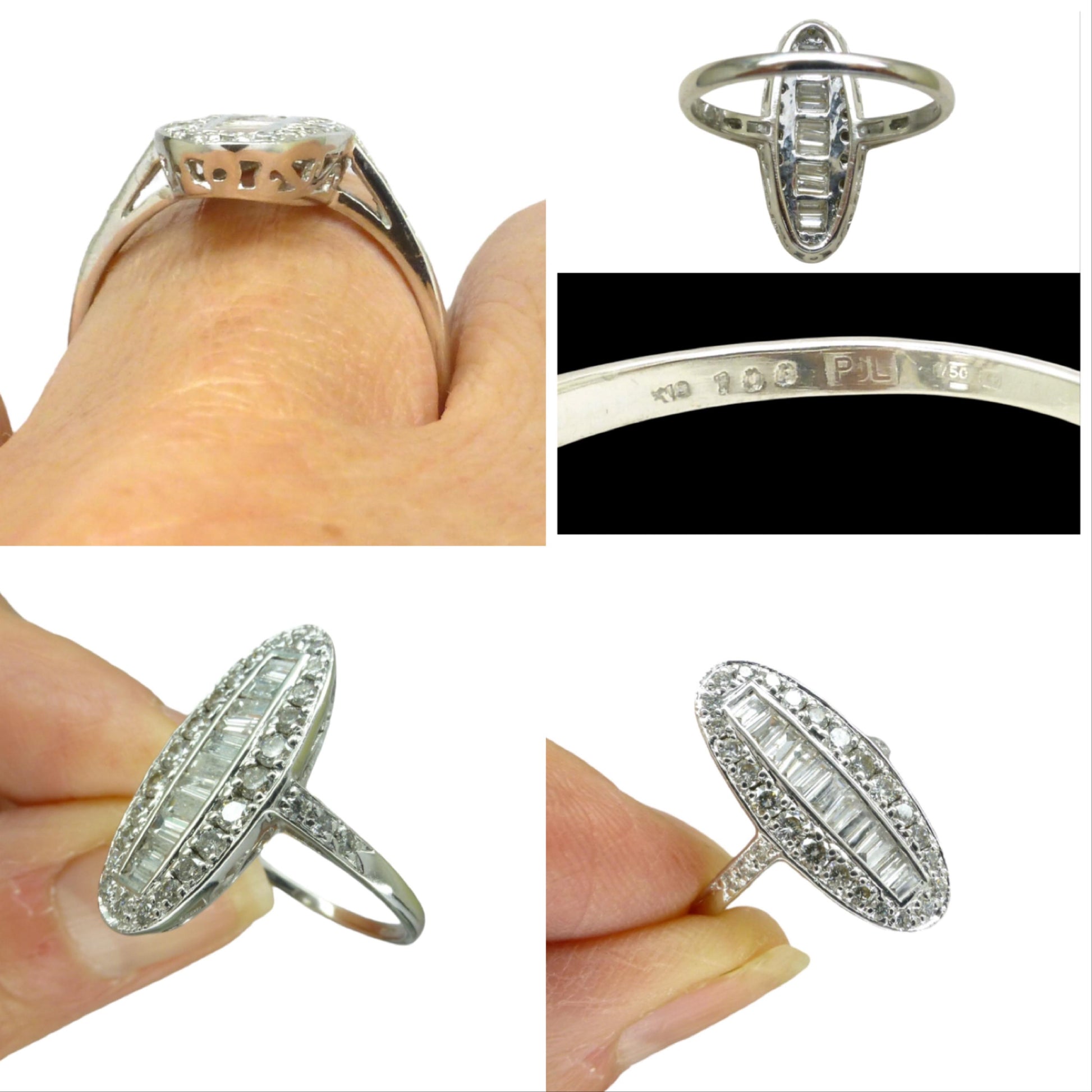 Vintage 18ct white gold Diamond cluster panel ring 1.00ct ~ Marquise plaque ring