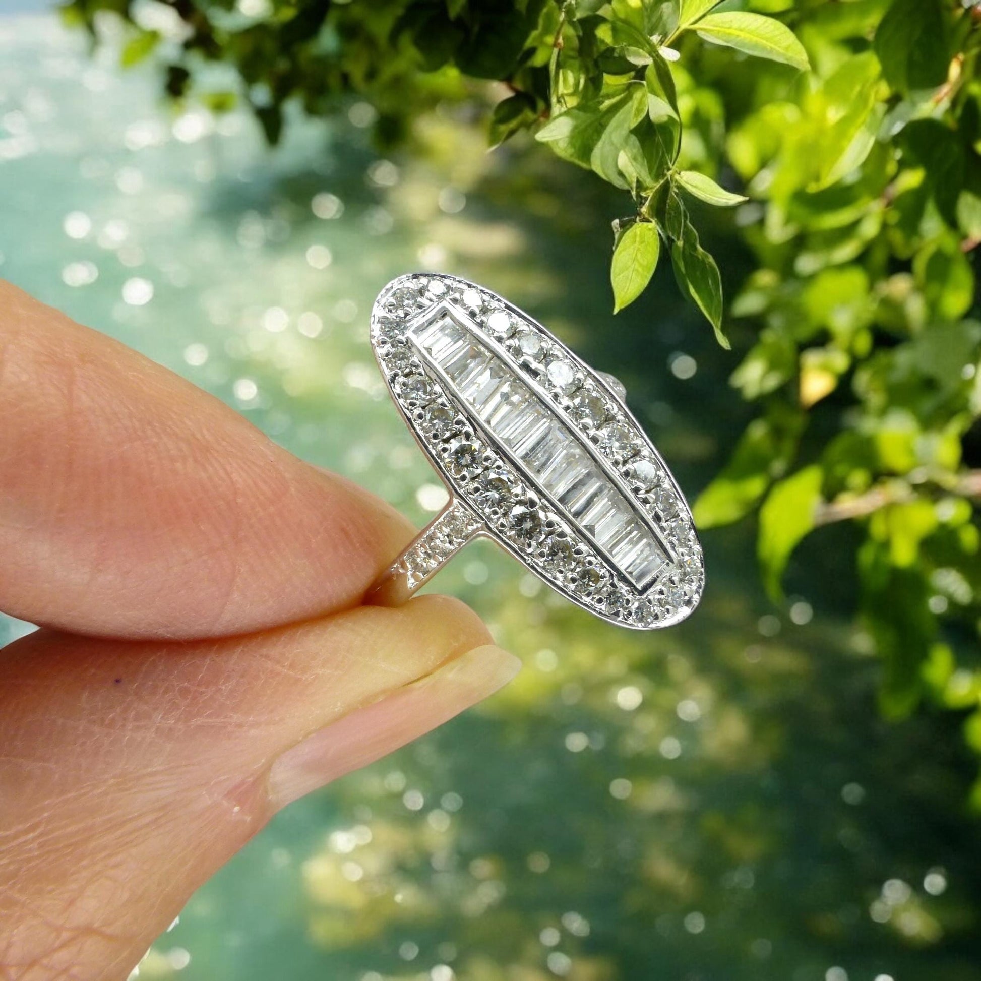 Vintage 18ct white gold Diamond cluster panel ring 1.00ct ~ Marquise plaque ring