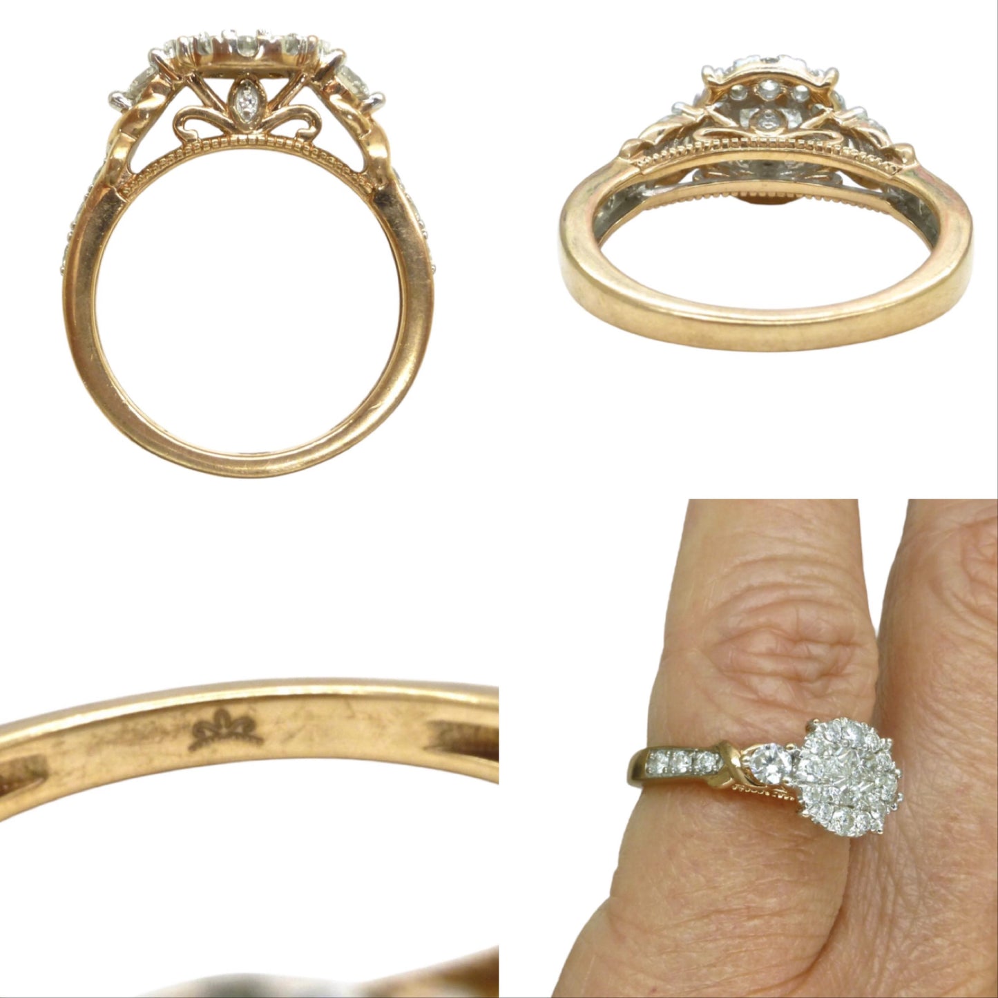 Vintage 9ct rose gold Diamond cluster engagement ring 0.66ct ~ Small size I 1/2 / 4.5