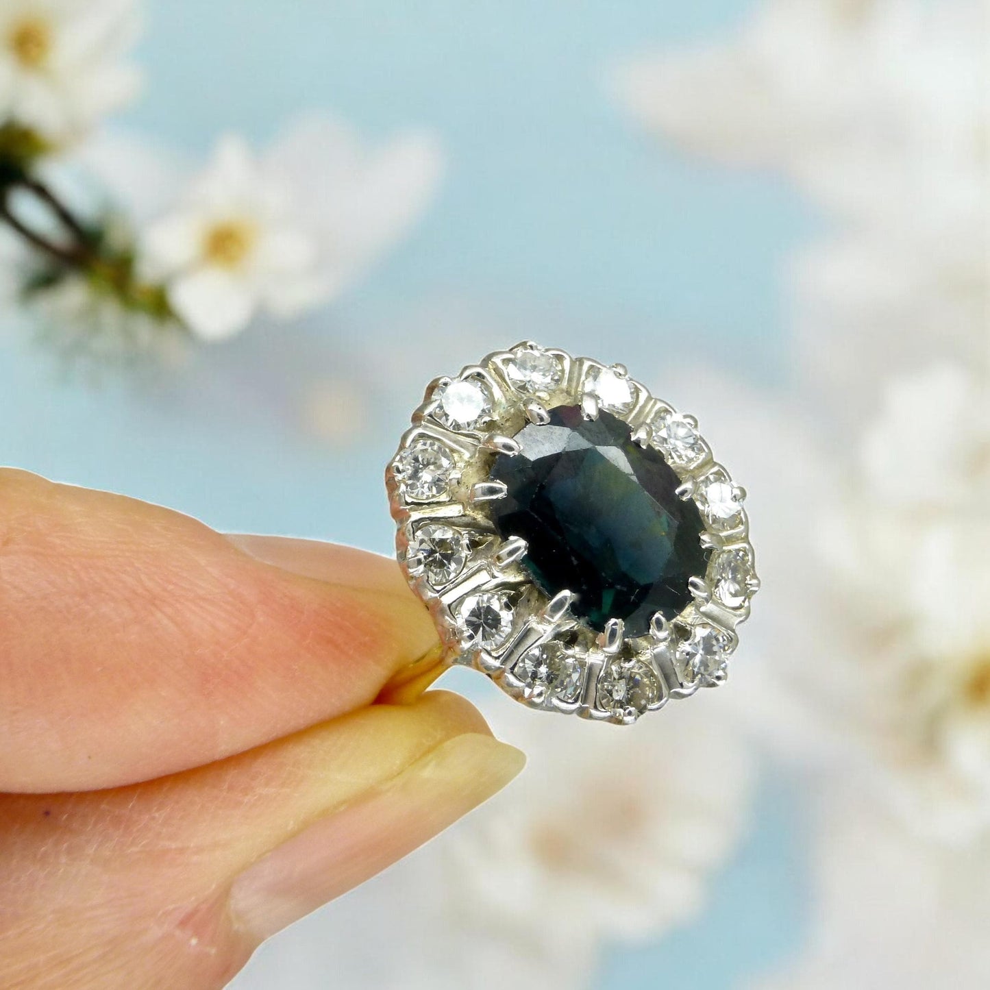 Vintage 18ct sapphire & diamond oval cluster ring - Iconic Princess of Wales ring