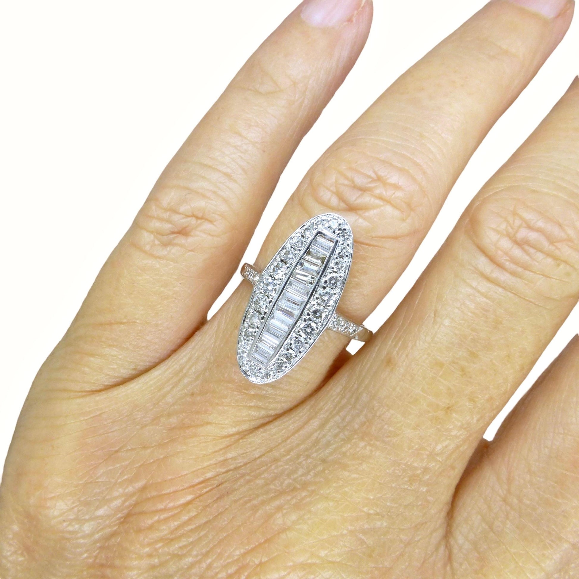 Vintage 18ct white gold Diamond cluster panel ring 1.00ct ~ Marquise plaque ring