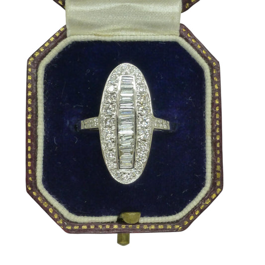 Vintage 18ct white gold Diamond cluster panel ring 1.00ct ~ Marquise plaque ring
