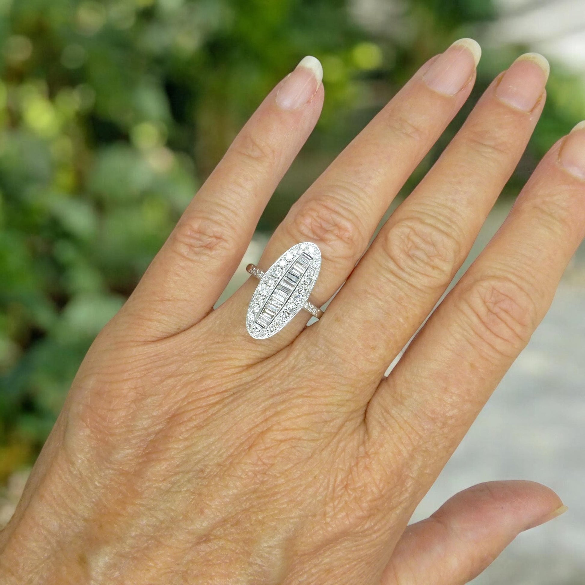 Vintage 18ct white gold Diamond cluster panel ring 1.00ct ~ Marquise plaque ring