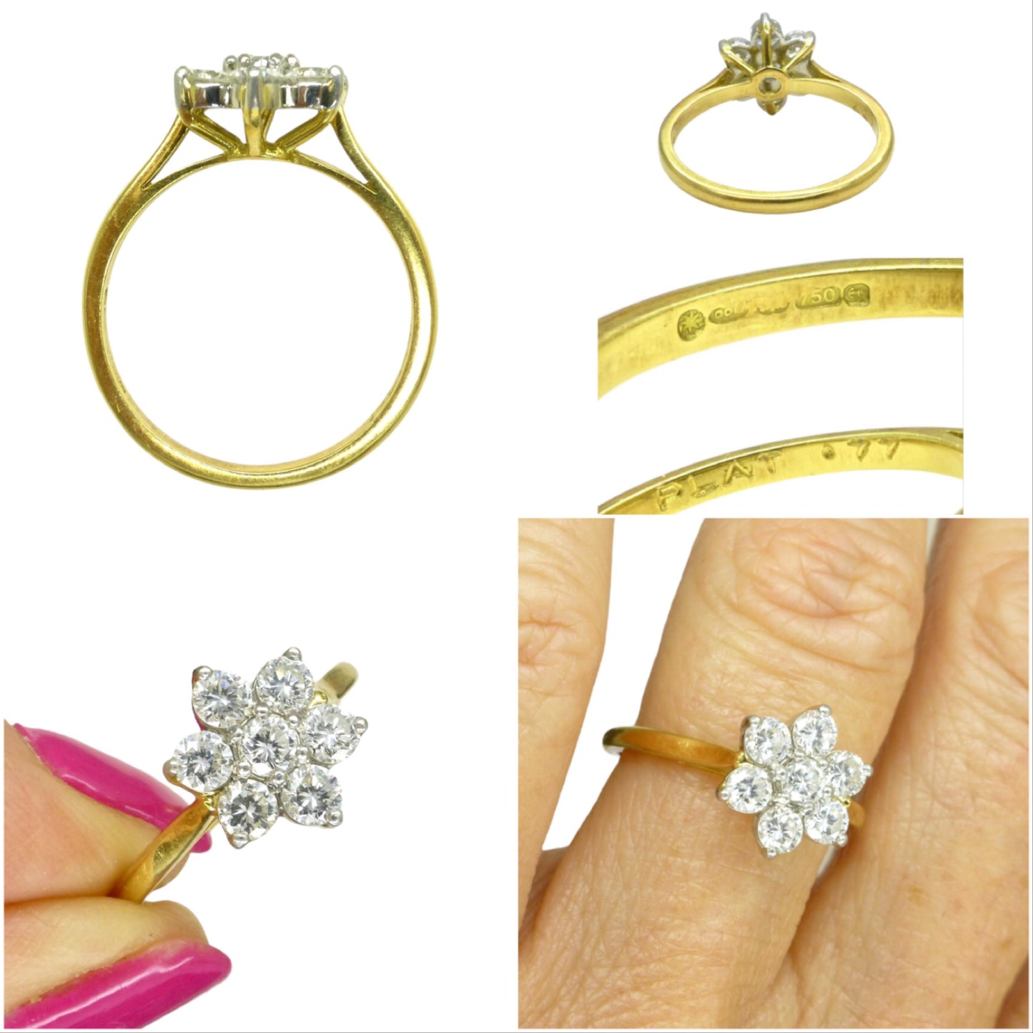 Vintage 18ct natural diamond flower cluster halo ring 0.77ct
