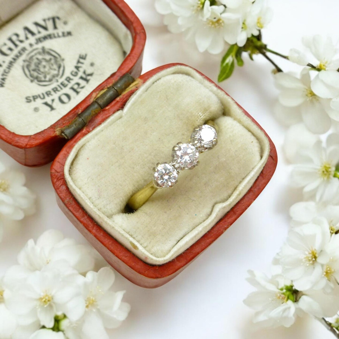 Vintage 18ct natural diamond three stone trilogy ring by 'Fred E Ullmann' 0.44ct