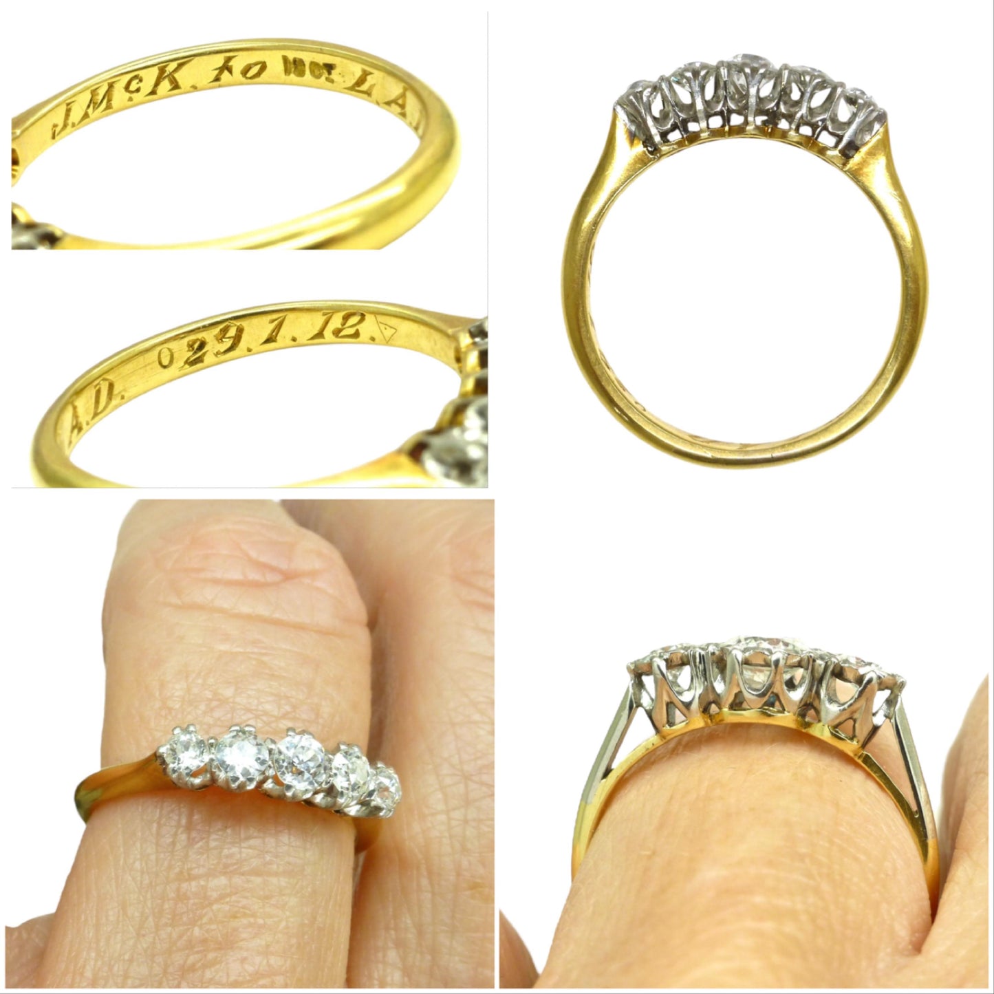 Antique Edwardian 18ct Platinum natural diamond five stone ring dated 1912