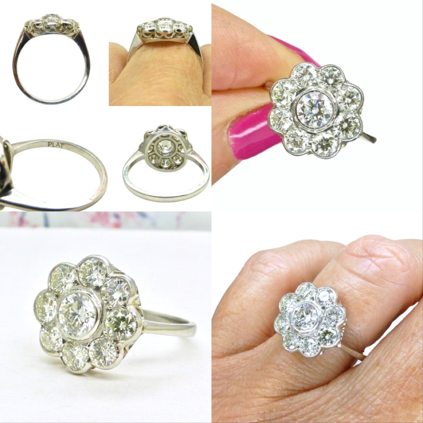 Vintage Platinum natural diamond cluster engagement ring 1.62 carat ~ Independent Valuation