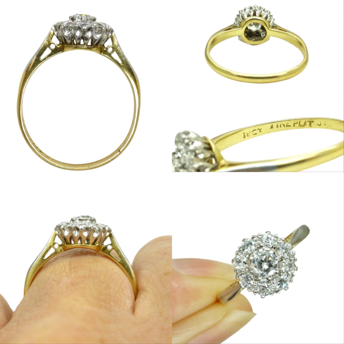 Antique 18ct Platinum old cut diamond halo cluster ring 0.75ct
