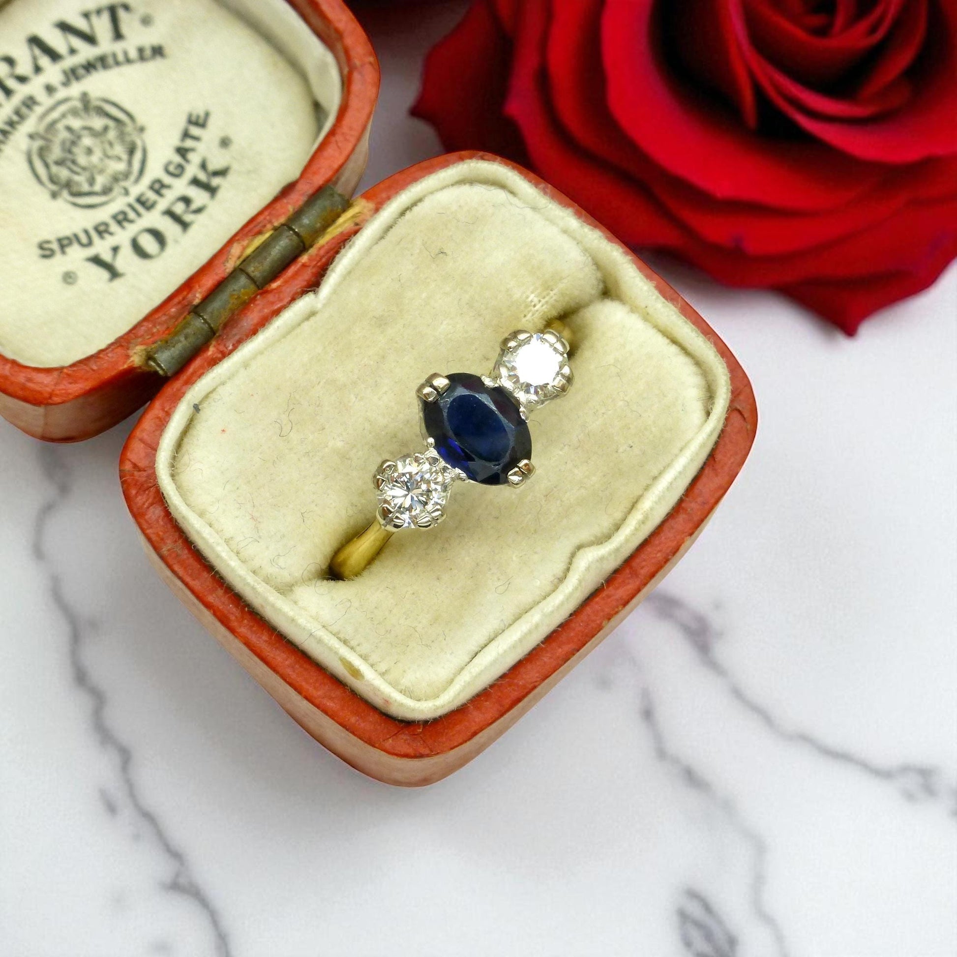 Vintage 18ct Platinum sapphire & diamond trilogy ring 1960